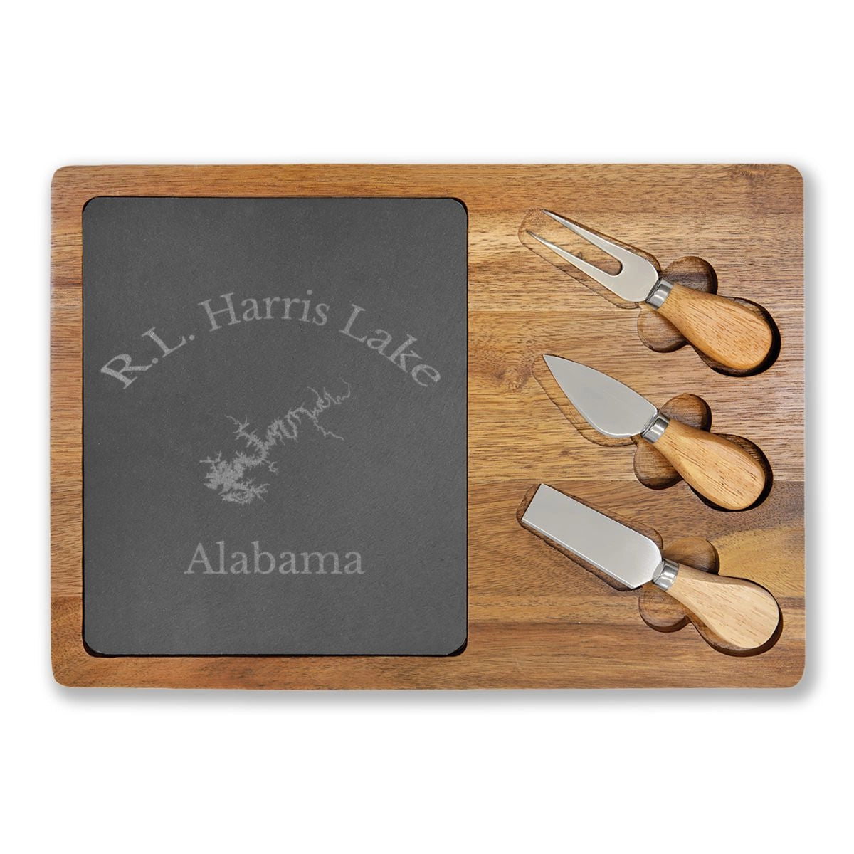 Alabama R.L. Harris Lake Engraved Charcuterie Board other position view from front 13 3 4 x 9 3 4.webp