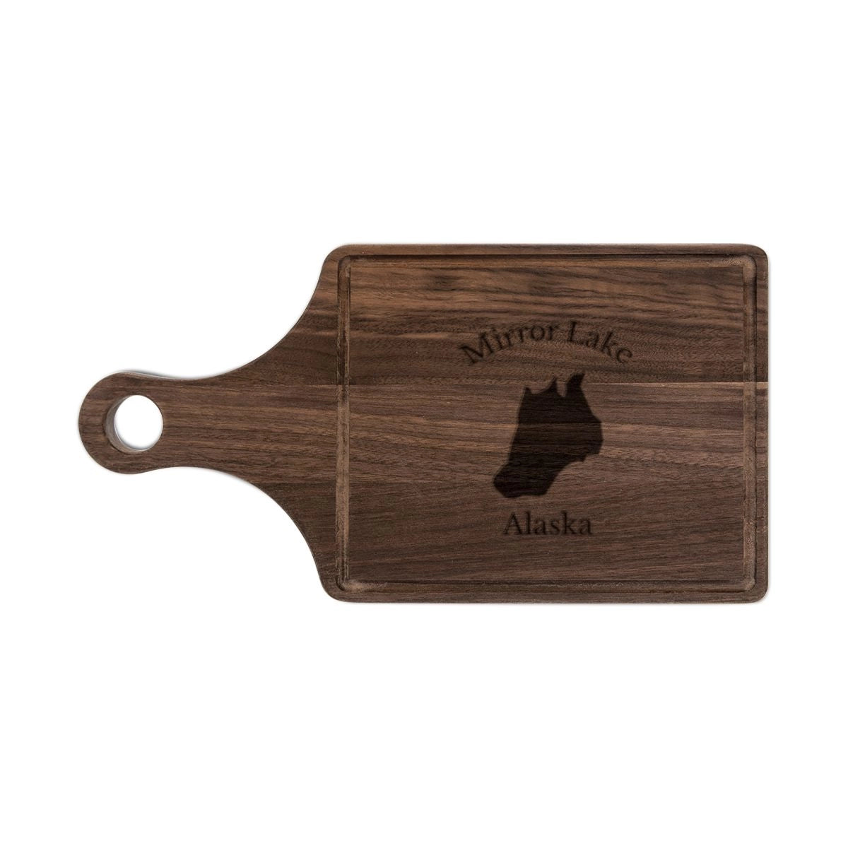 Alaska Mirror Lake Engraved Cutting Board front position view from front walnut.webp