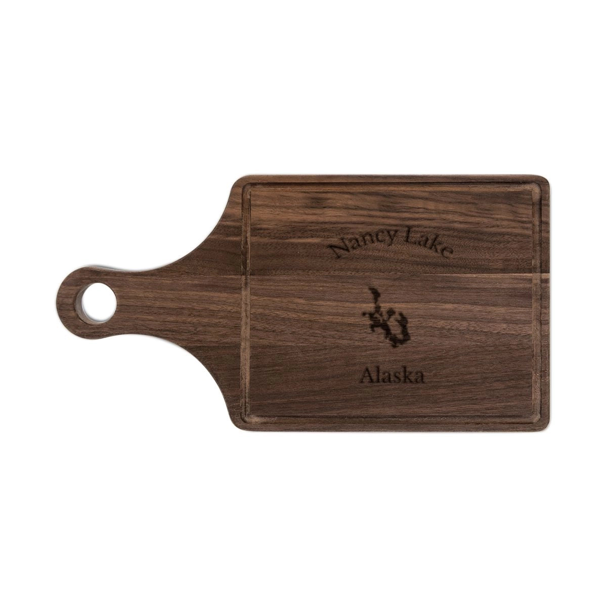 Alaska Nancy Lake Engraved Cutting Board front position view from front walnut.webp