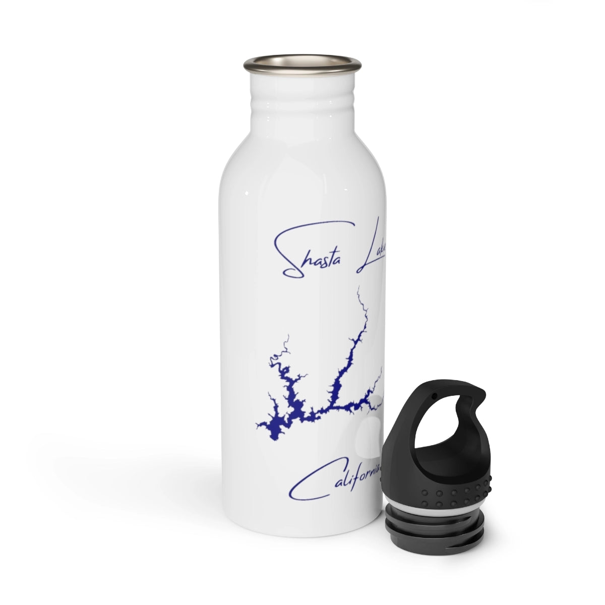 California Shasta Lake Water bottle other position view from open white.webp