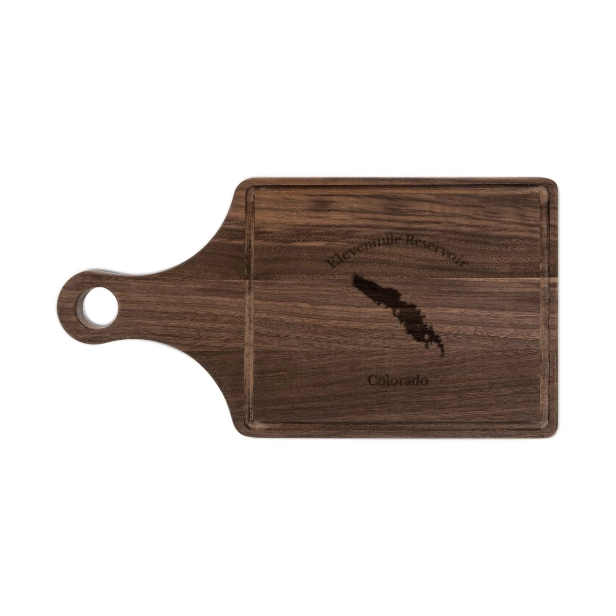 Colorado Elevenmile Reservoir Engraved Cutting Board front position view from front walnut.webp