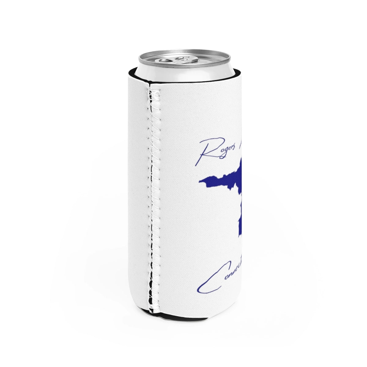 Connecticut Rogers Lake Slim Can Koozie all position view from right white.webp