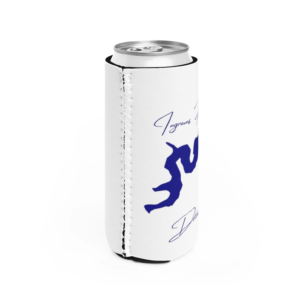 Delaware Ingrams Pond Slim Can Koozie all position view from right white.webp