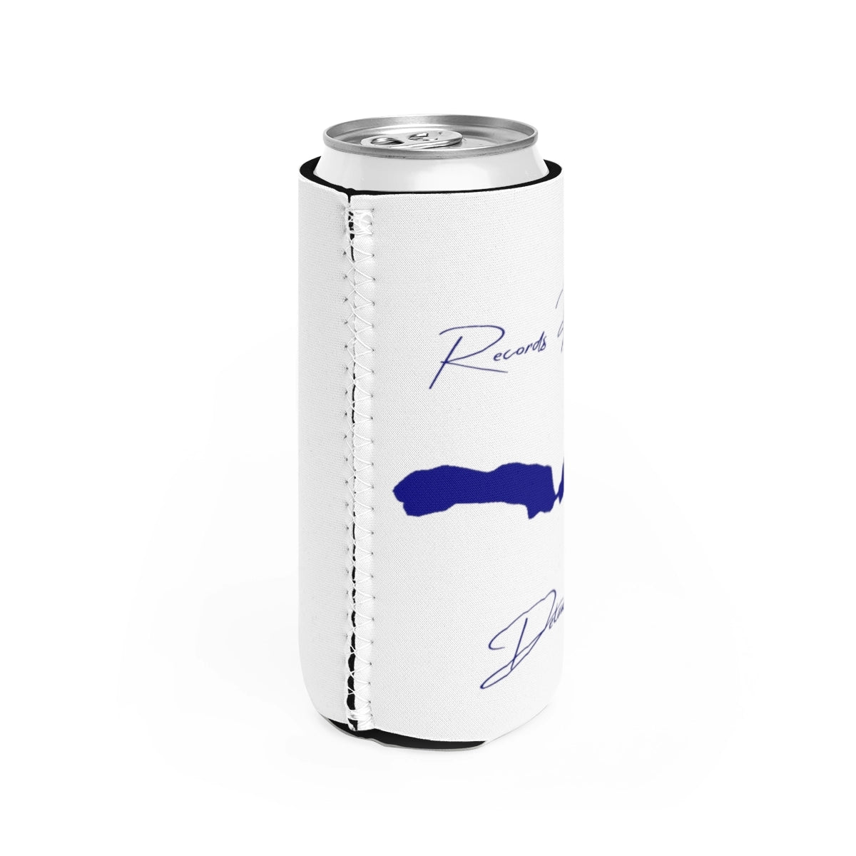 Delaware Records Pond Slim Can Koozie all position view from right white.webp