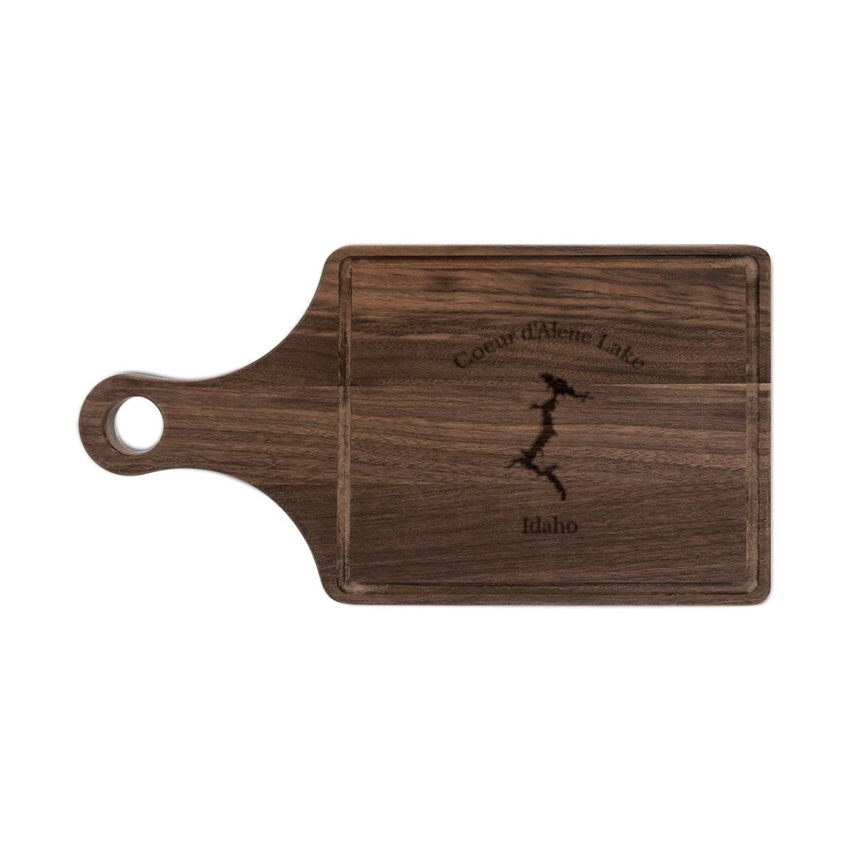 Idaho Coeur d'Alene Lake Engraved Cutting Board front position view from front walnut.webp