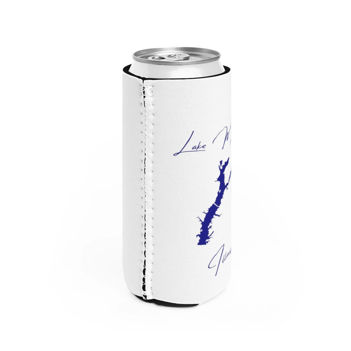 Illinois Lake Mattoon Slim Can Koozie all position view from right white.webp