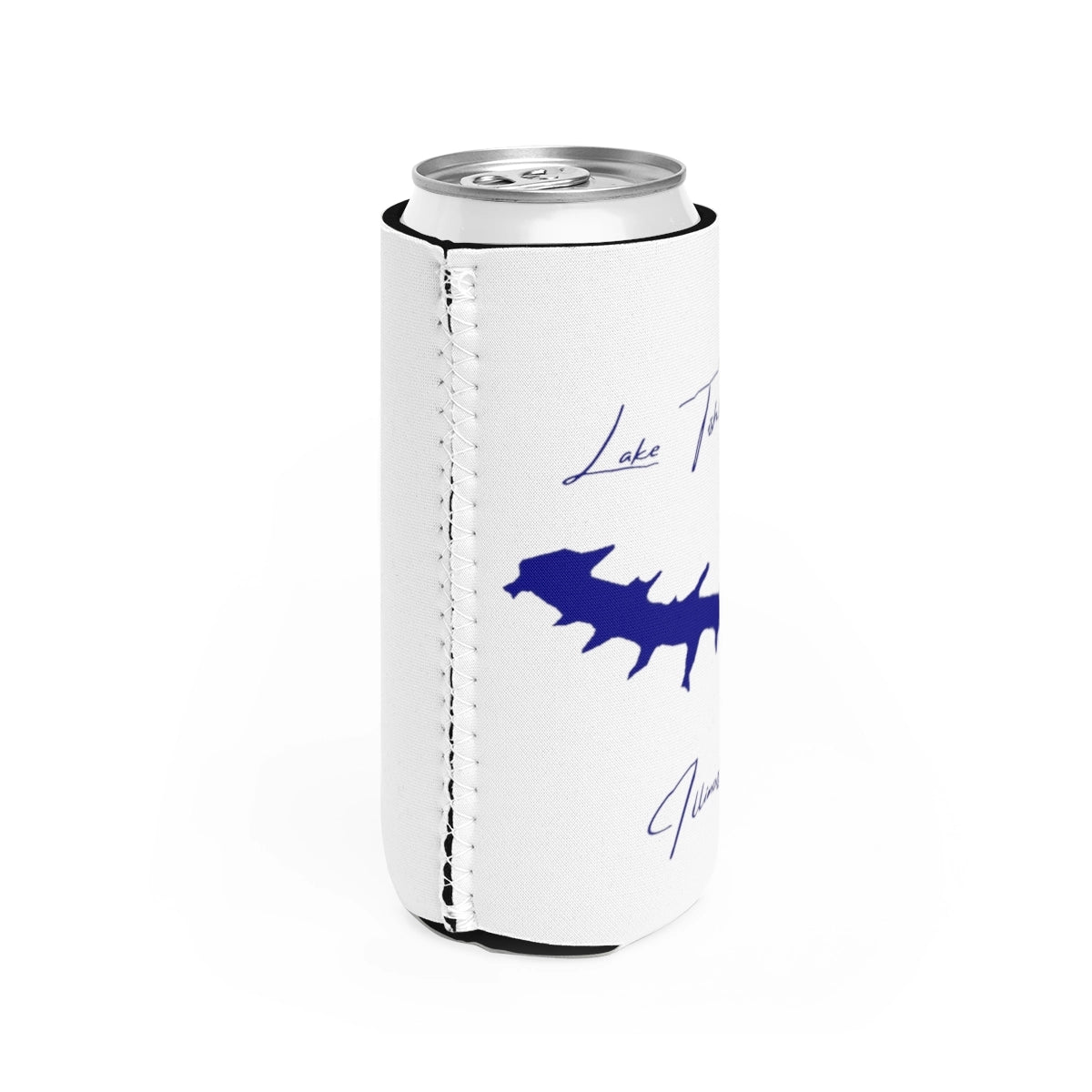 Illinois Lake Tishomingo Slim Can Koozie all position view from right white.webp