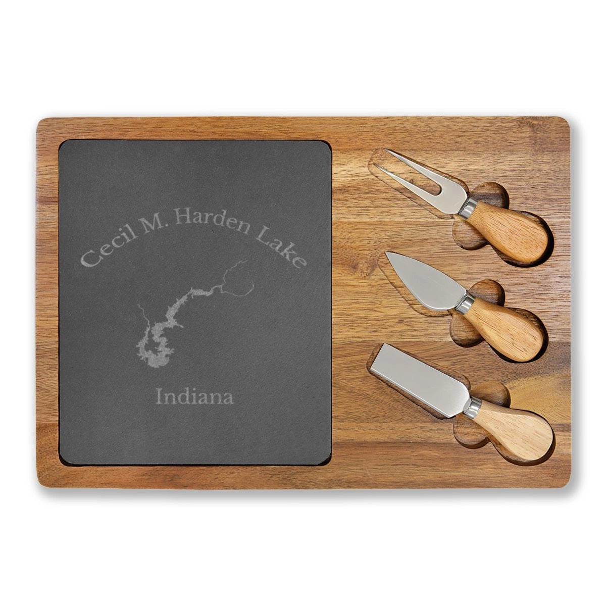Indiana Cecil M. Harden Lake Engraved Charcuterie Board other position view from front 13 3 4 x 9 3 4.webp