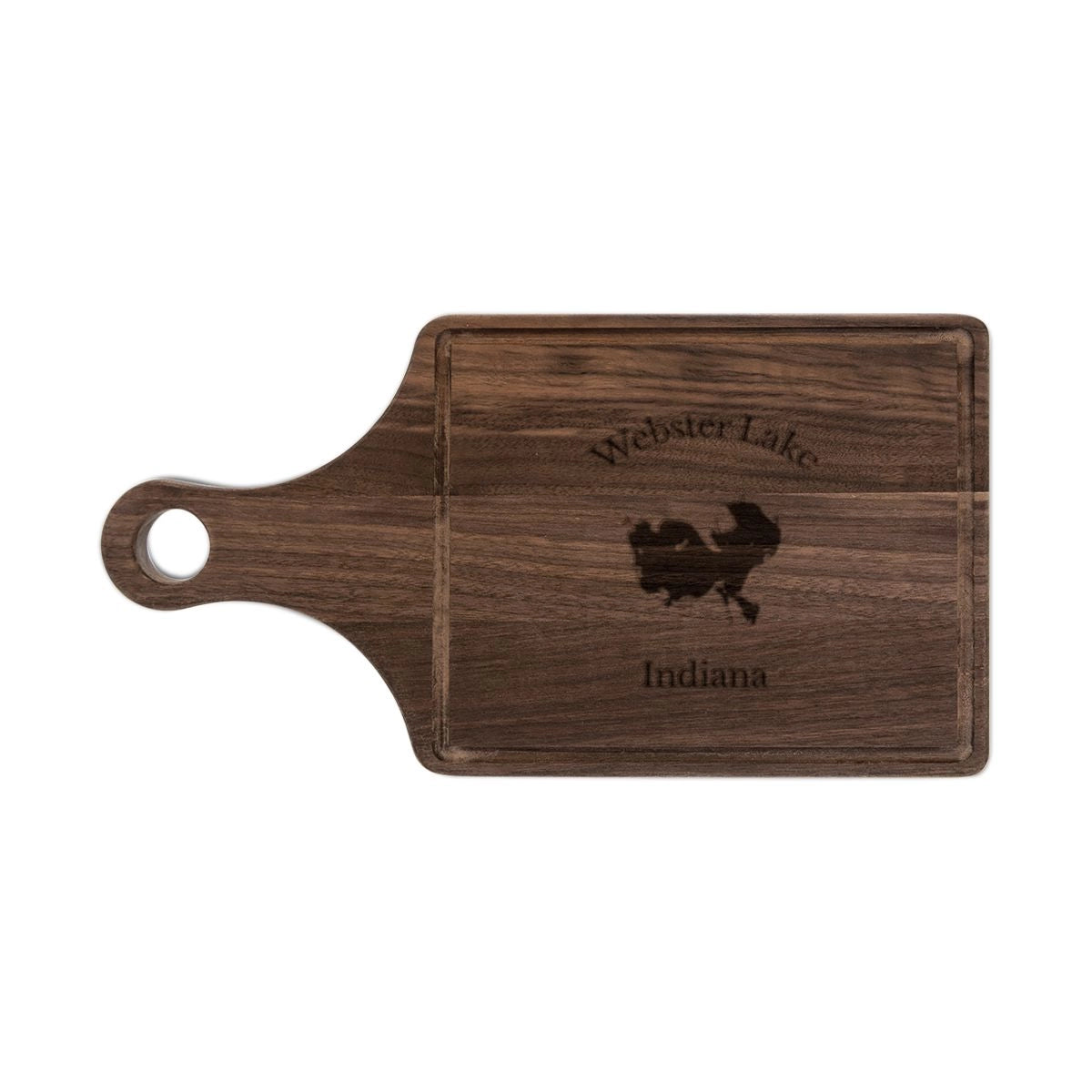 Indiana Webster Lake Engraved Cutting Board front position view from front walnut.webp
