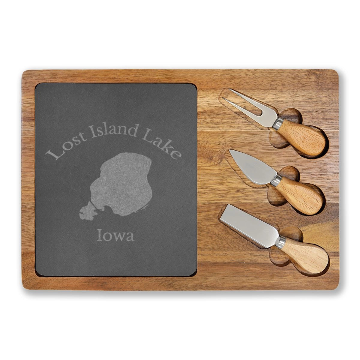 Iowa Lost Island Lake Engraved Charcuterie Board other position view from front 13 3 4 x 9 3 4.webp
