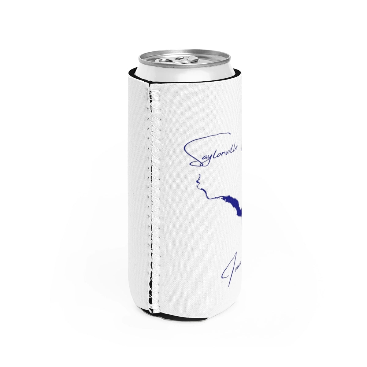 Iowa Saylorville Lake Slim Can Koozie all position view from right white.webp