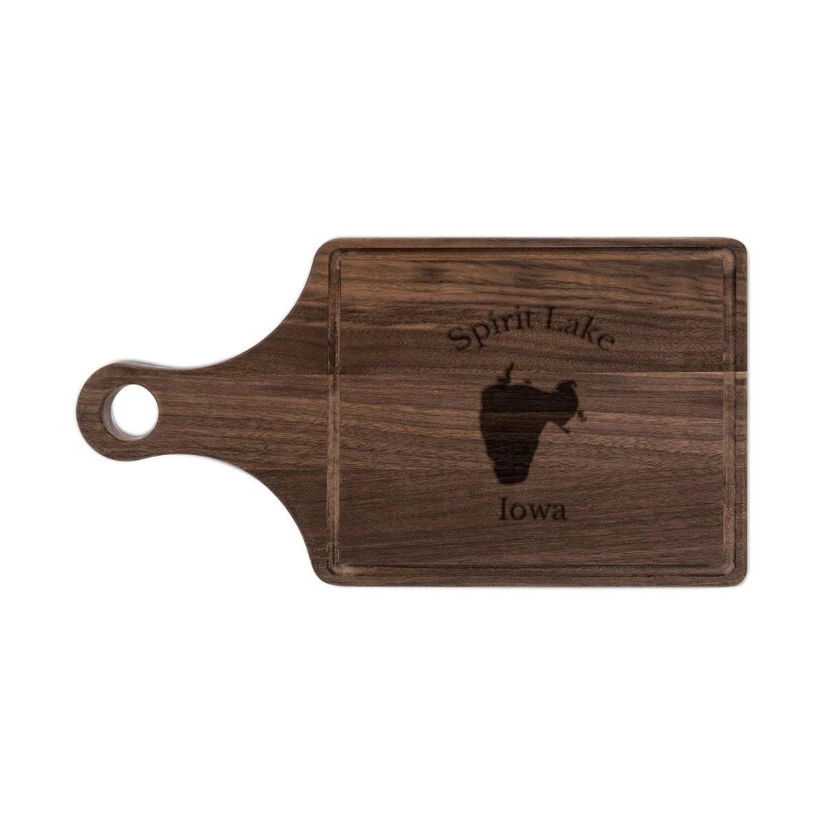 Iowa Spirit Lake Engraved Cutting Board front position view from front walnut.webp
