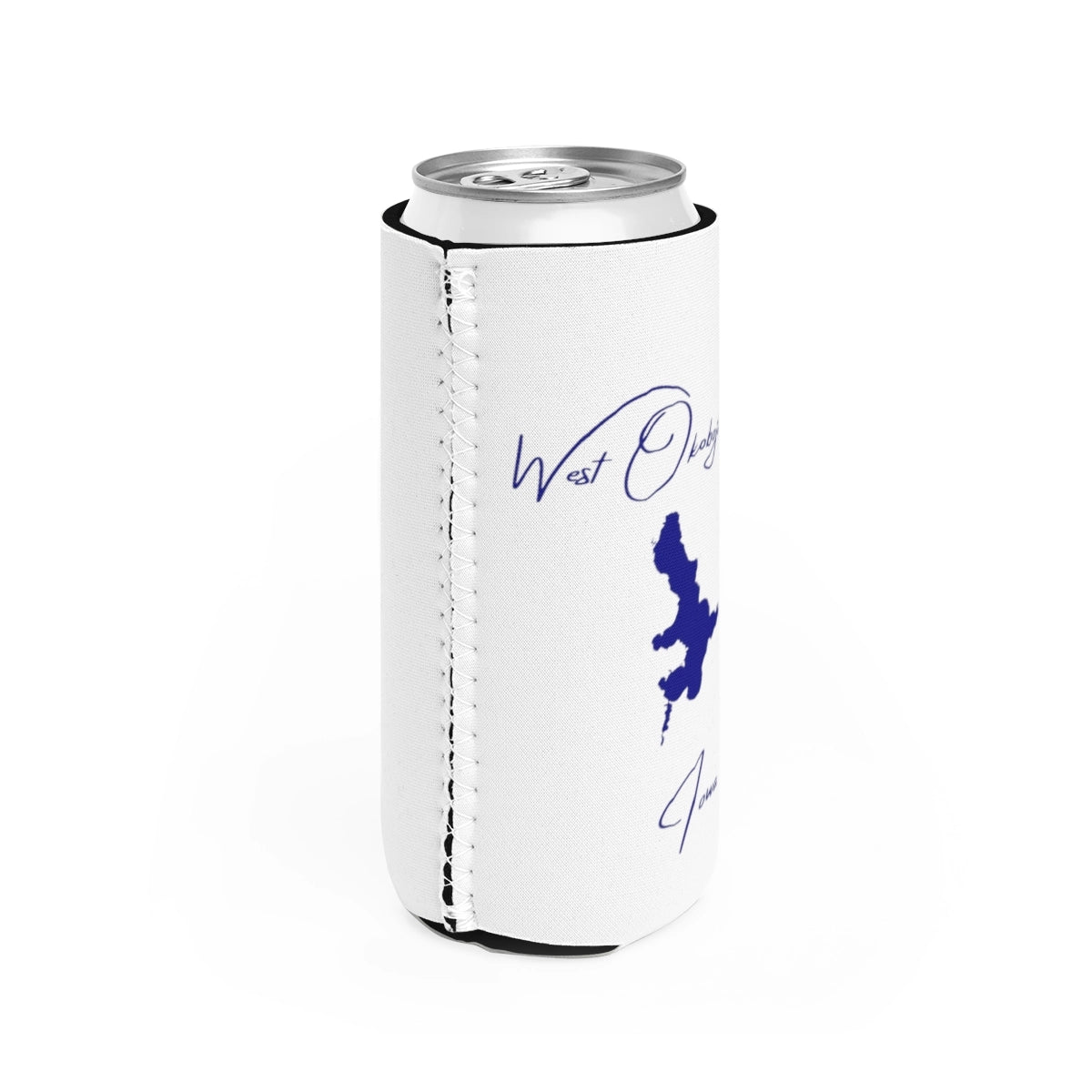 Iowa West Okoboji Lake Slim Can Koozie all position view from right white.webp