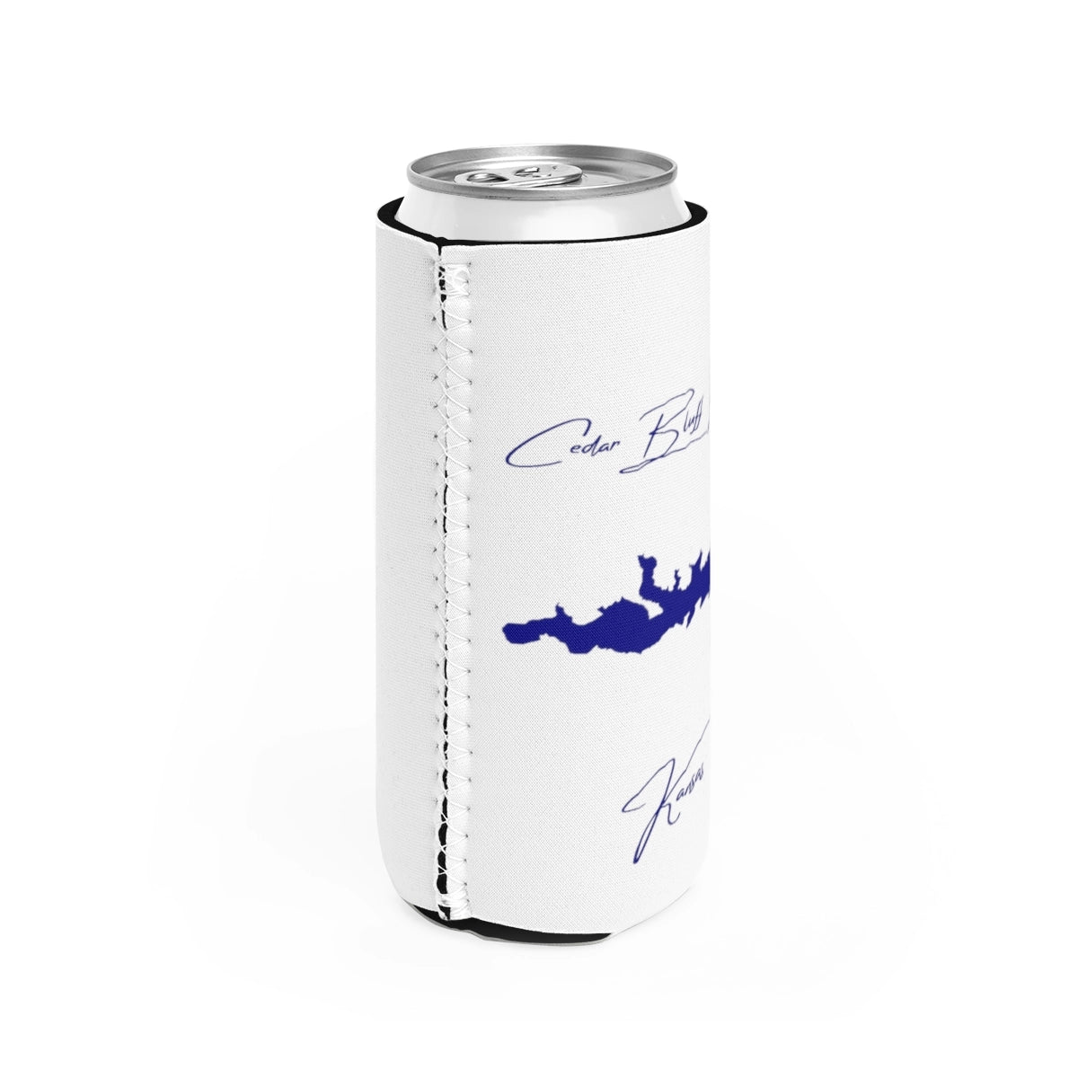 Kansas Cedar Bluff Reservoir Slim Can Koozie all position view from right white.webp