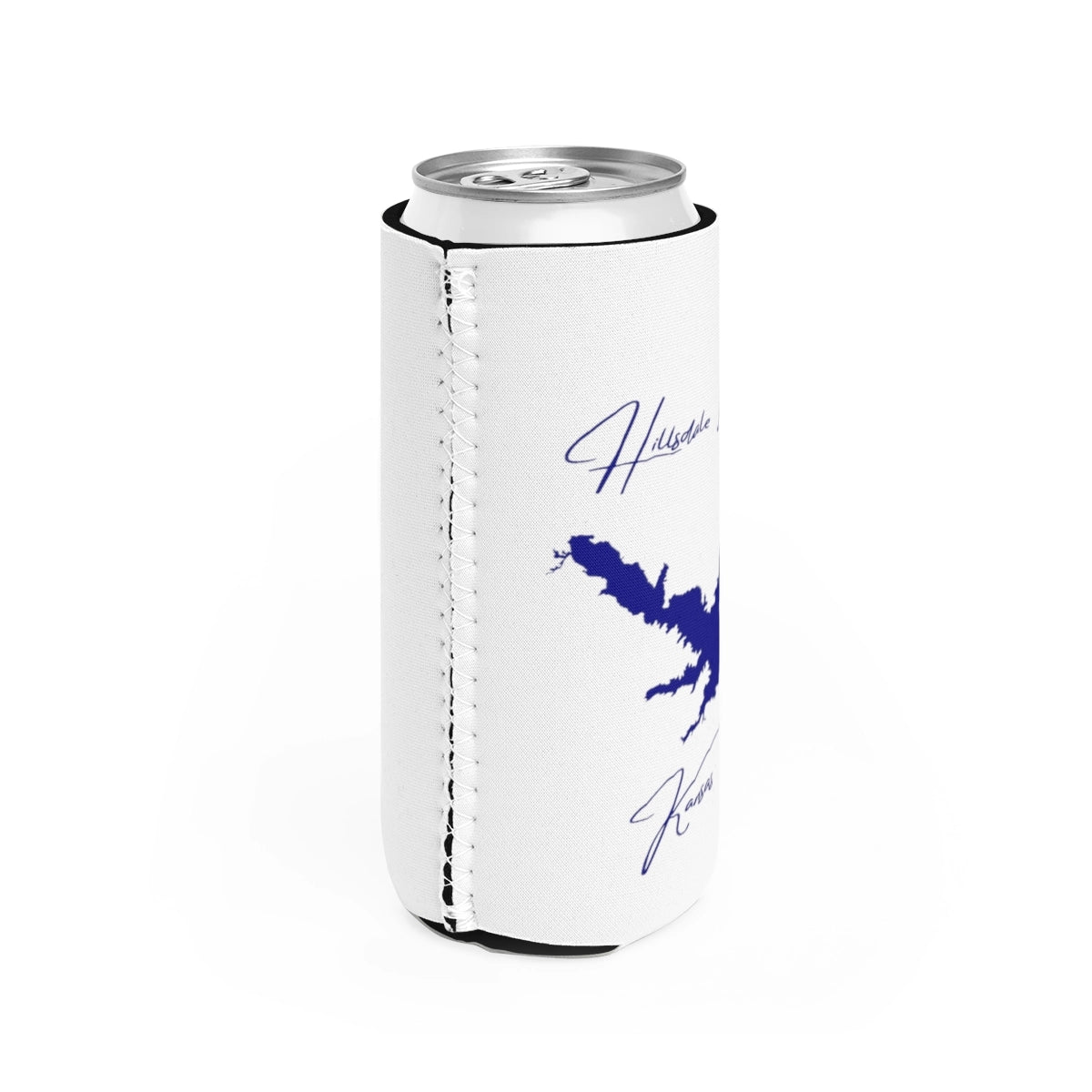 Kansas Hillsdale Lake Slim Can Koozie all position view from right white.webp
