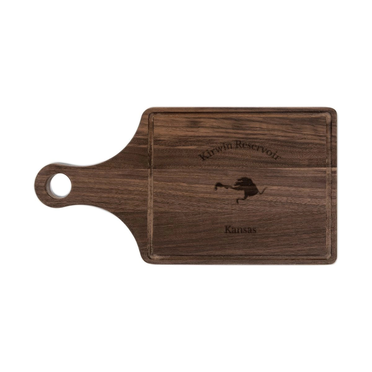 Kansas Kirwin Reservoir Engraved Cutting Board front position view from front walnut.webp
