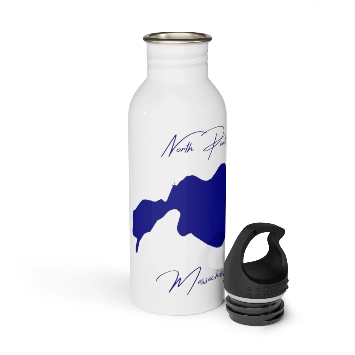 Massachusetts North Pond Water bottle other position view from open white.webp