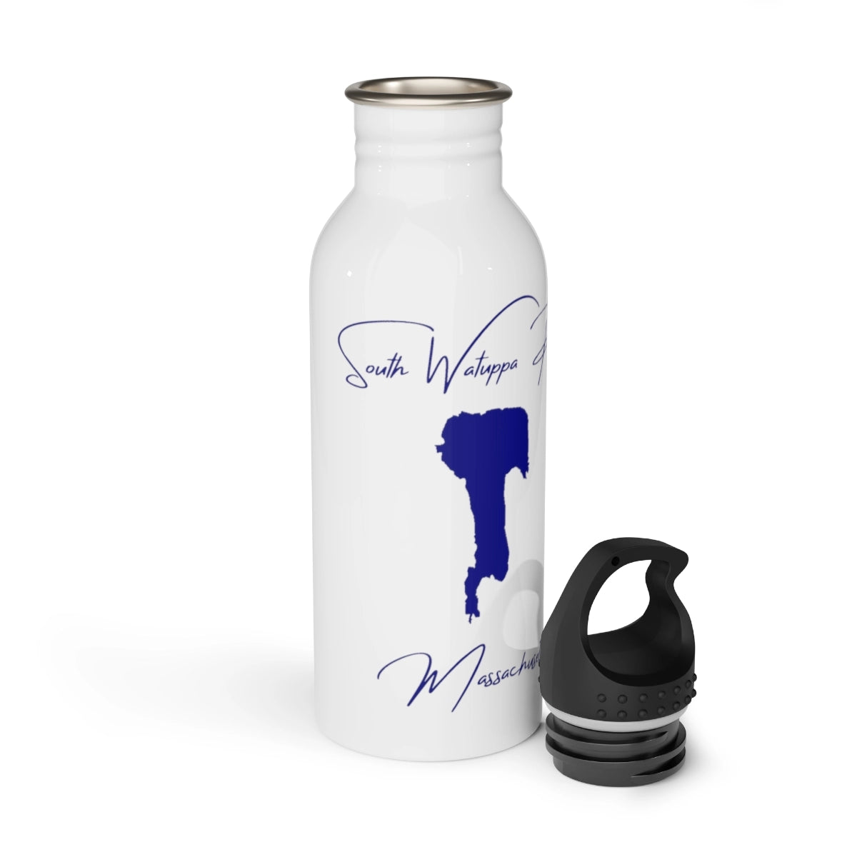 Massachusetts South Watuppa Pond Water bottle other position view from open white.webp