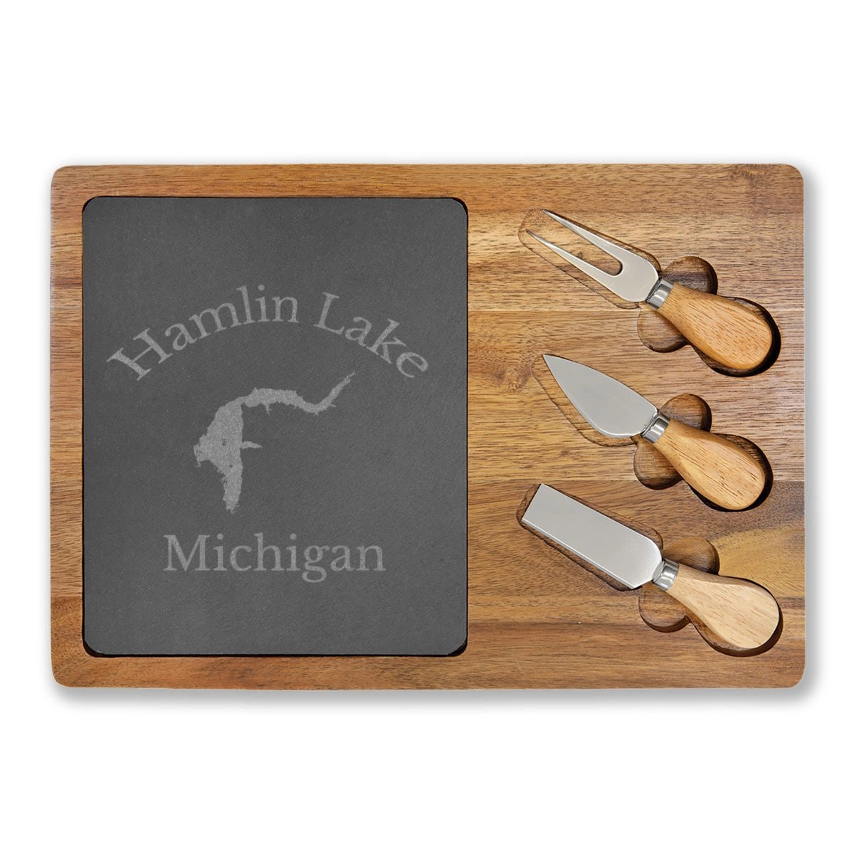 Michigan Hamlin Lake Engraved Charcuterie Board other position view from front 13 3 4 x 9 3 4.webp
