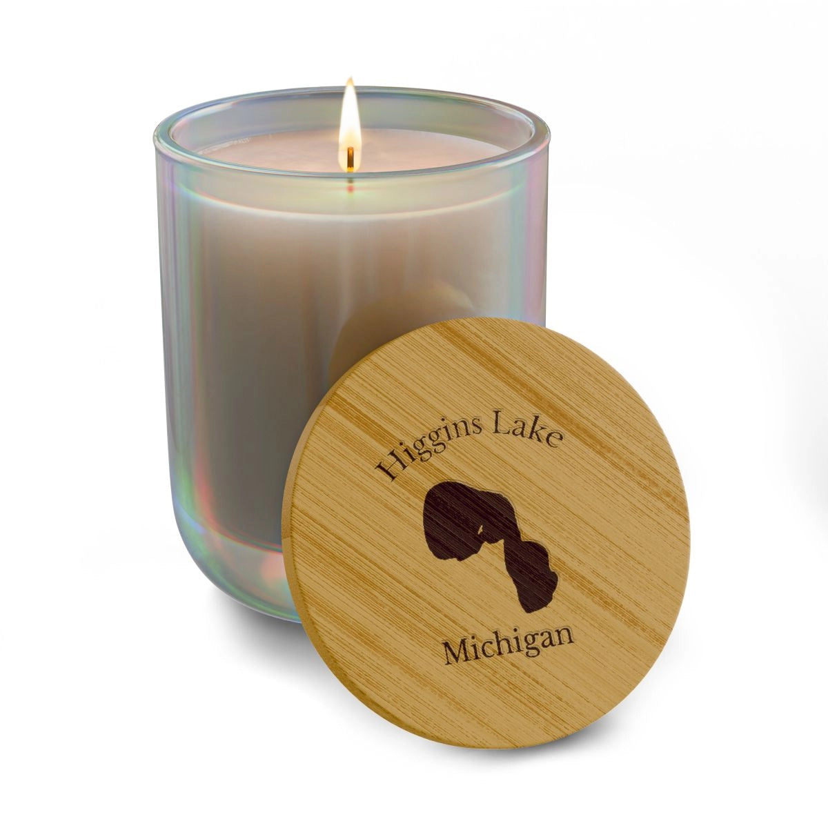 Michigan Higgins Lake Engraved Candle other position view from front opal iris.webp