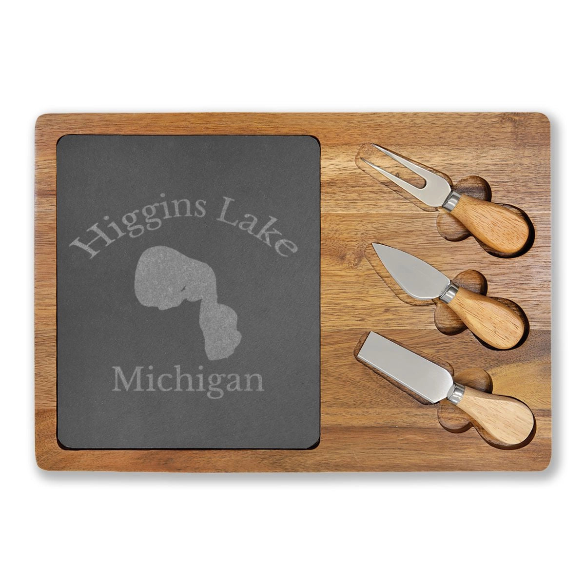 Michigan Higgins Lake Engraved Charcuterie Board other position view from front 13 3 4 x 9 3 4.webp
