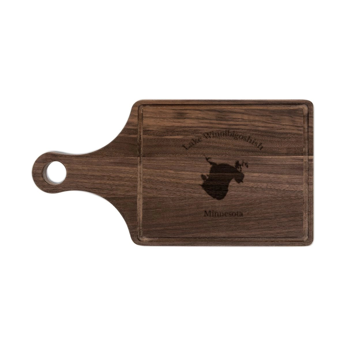 Minnesota Lake Winnibigoshish Engraved Cutting Board front position view from front walnut.webp