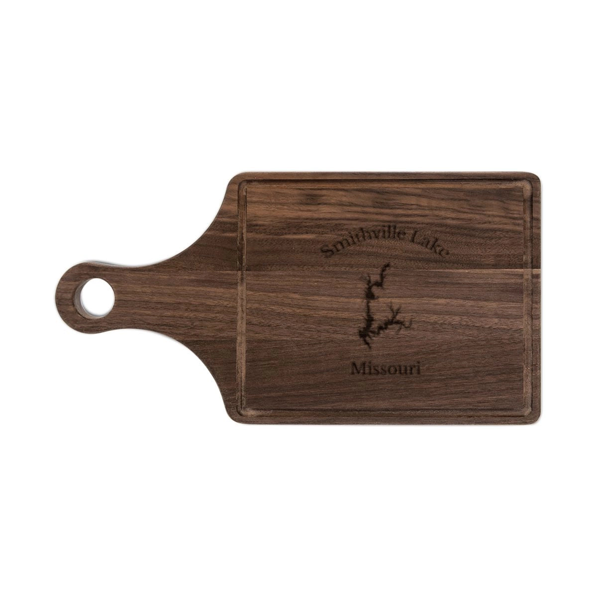 Missouri Smithville Lake Engraved Cutting Board front position view from front walnut.webp
