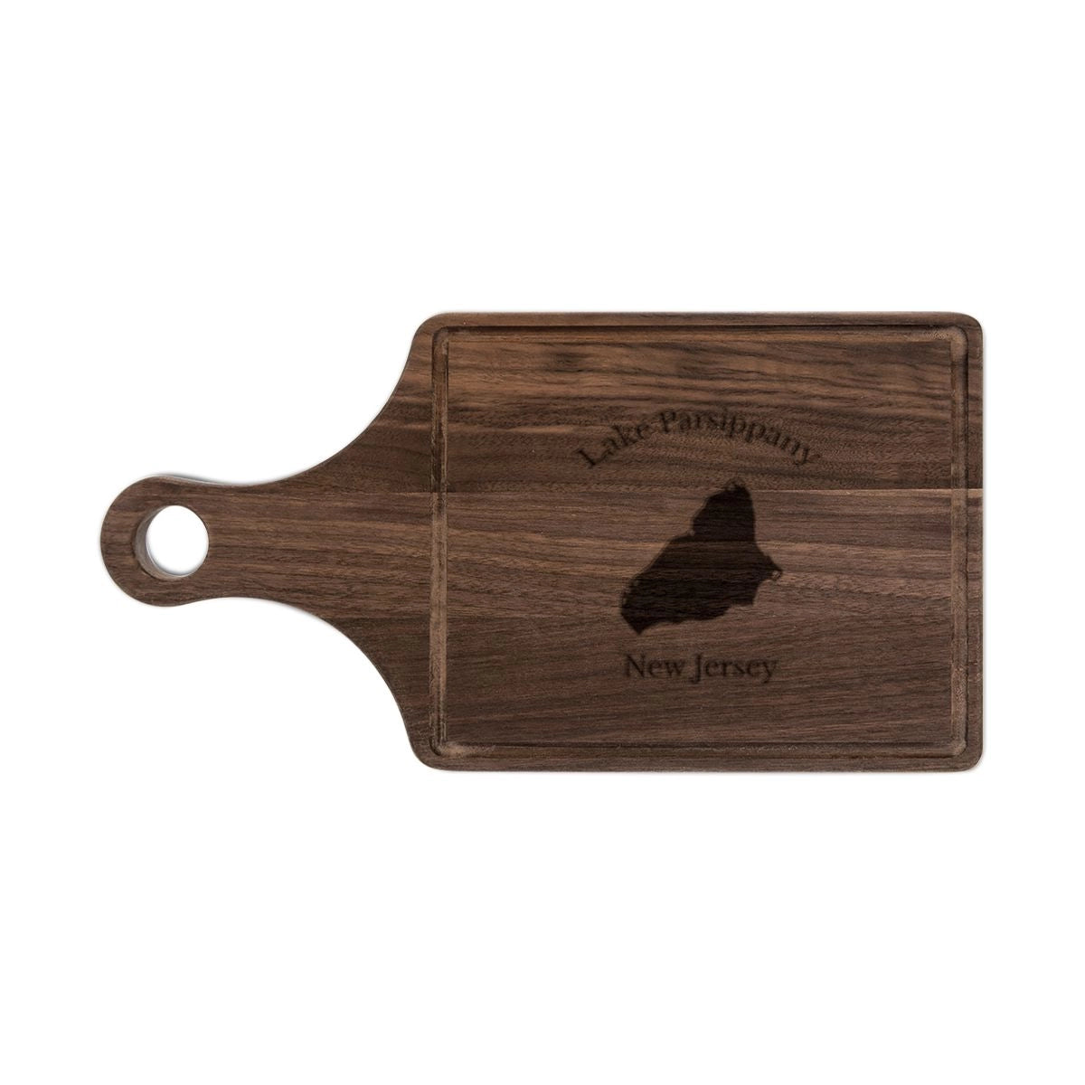 New Jersey Lake Parsippany Engraved Cutting Board front position view from front walnut.webp