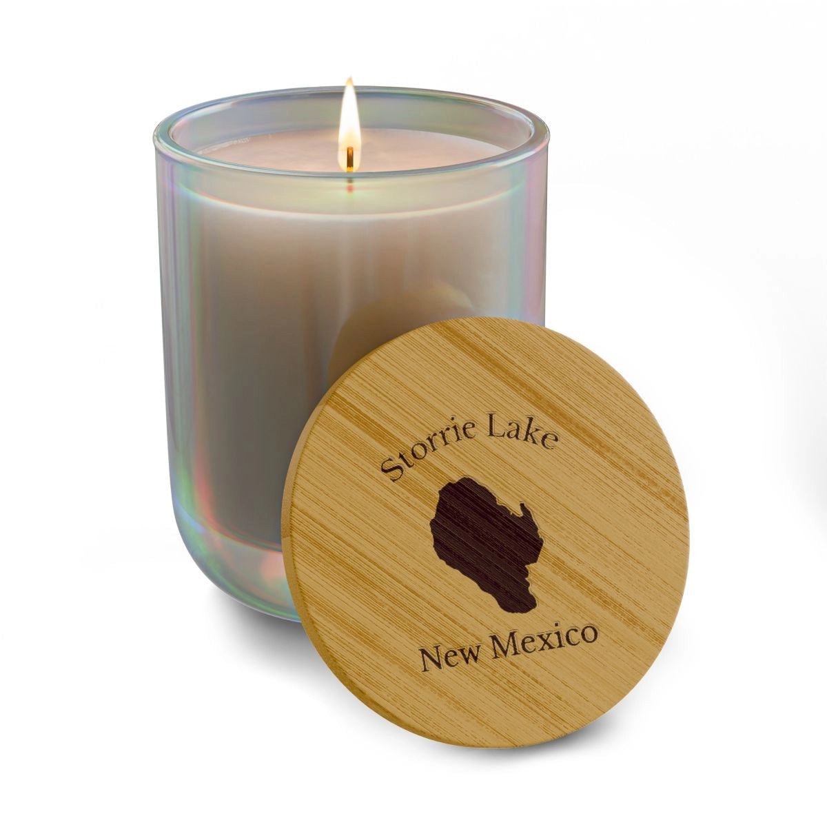 New Mexico Storrie Lake Engraved Candle other position view from front opal iris.webp