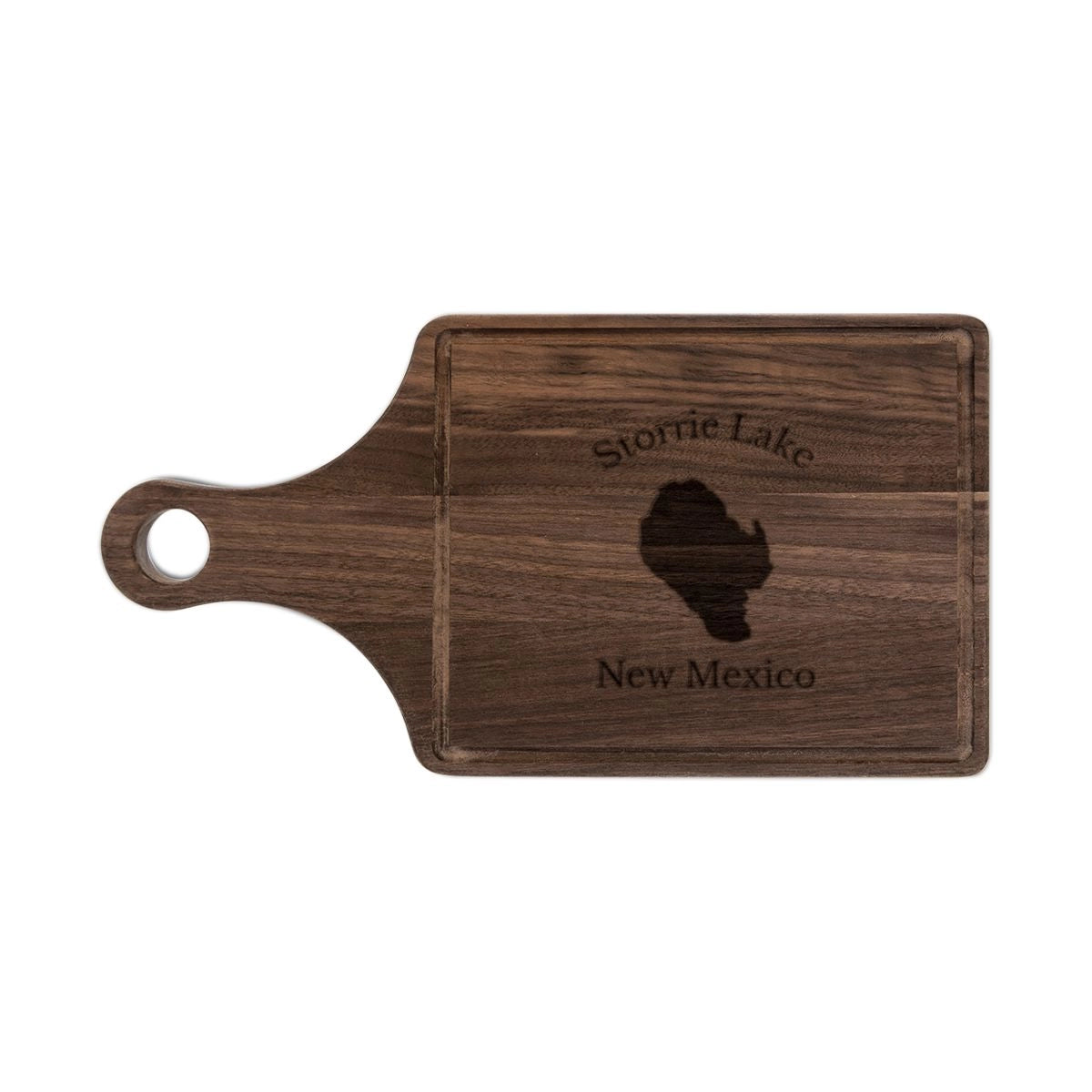 New Mexico Storrie Lake Engraved Cutting Board front position view from front walnut.webp