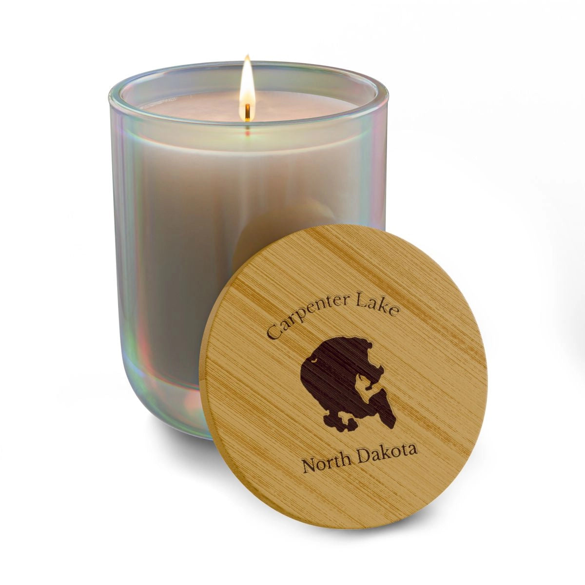 North Dakota Carpenter Lake Engraved Candle other position view from front opal iris.webp