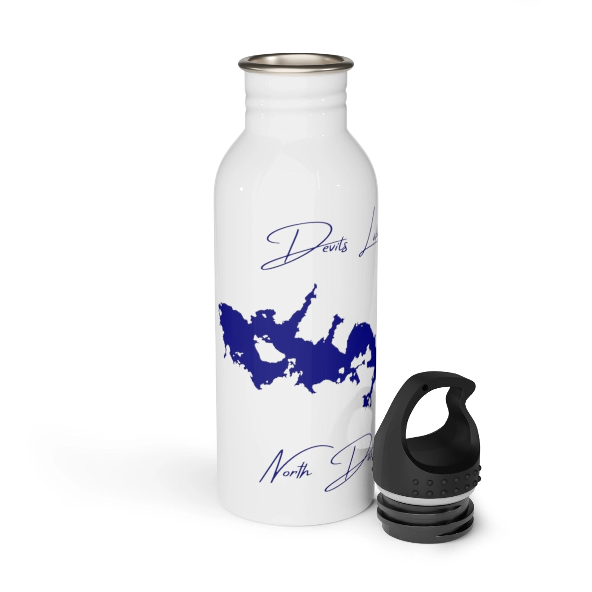 North Dakota Devils Lake Water bottle other position view from open white.webp