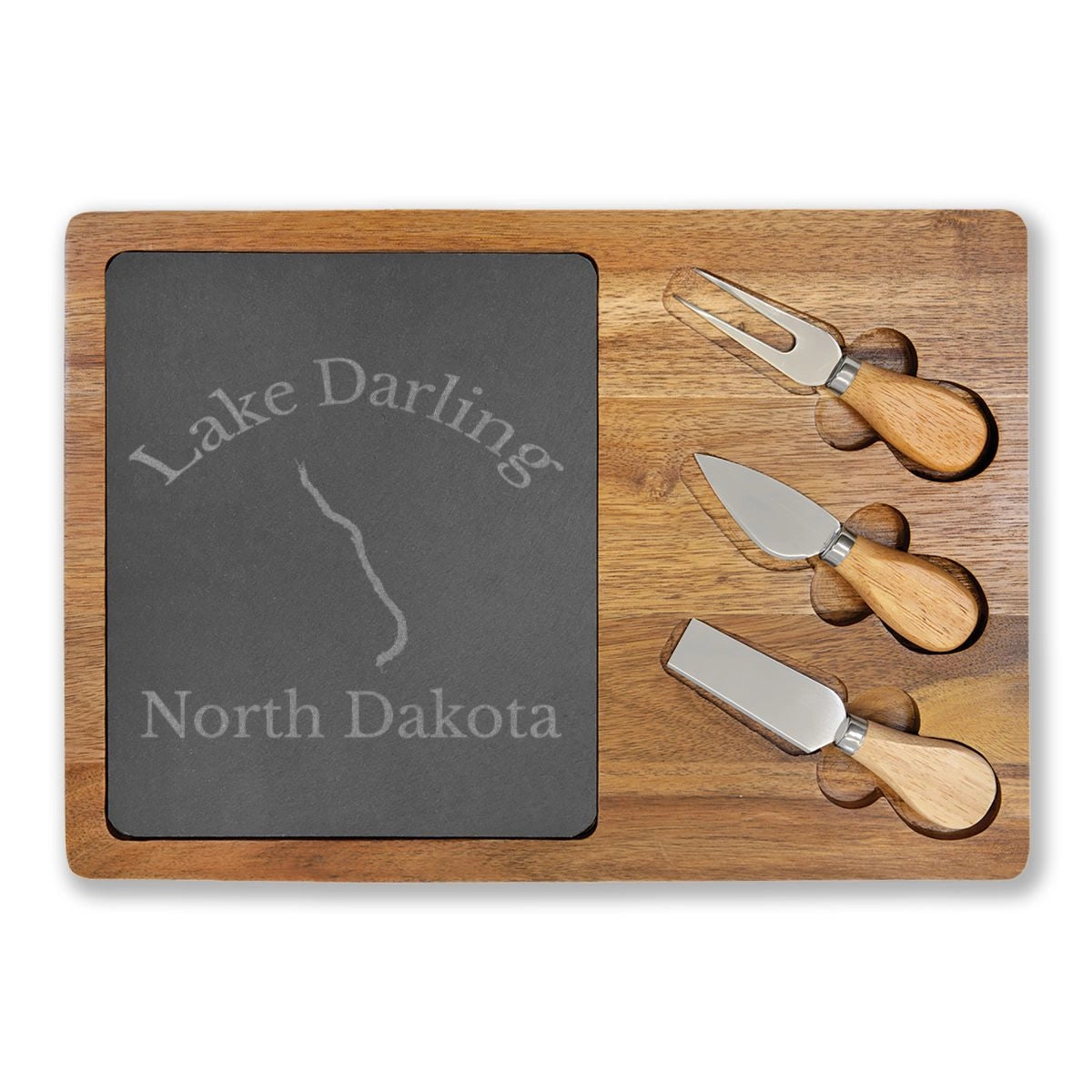 North Dakota Lake Darling Engraved Charcuterie Board other position view from front 13 3 4 x 9 3 4.webp