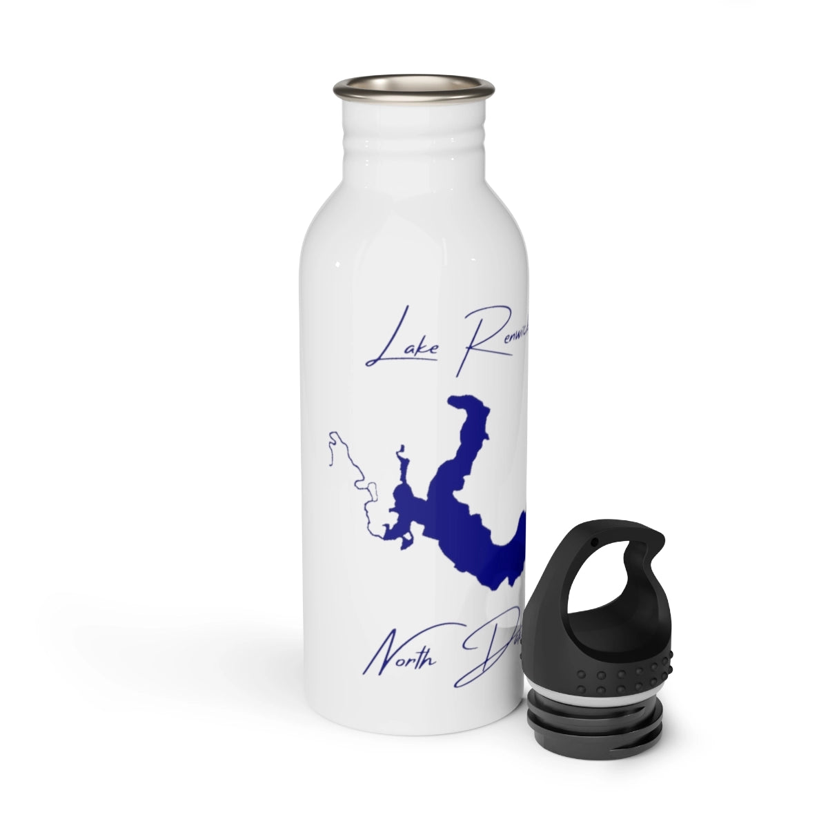 North Dakota Lake Renwick Water bottle other position view from open white.webp