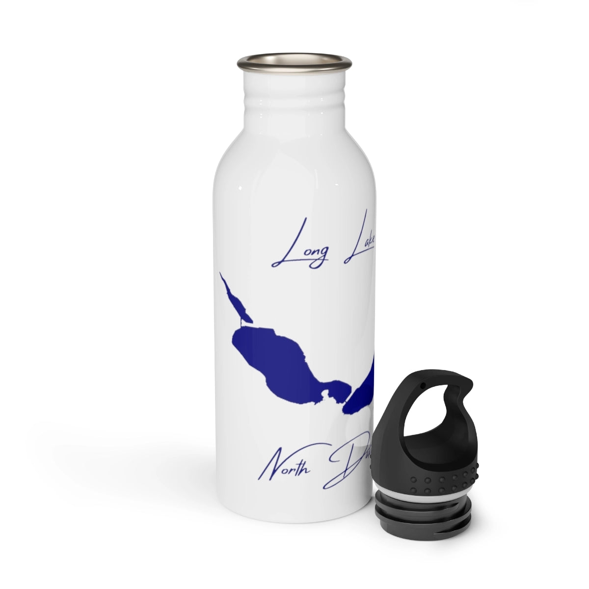 North Dakota Long Lake Water bottle other position view from open white.webp