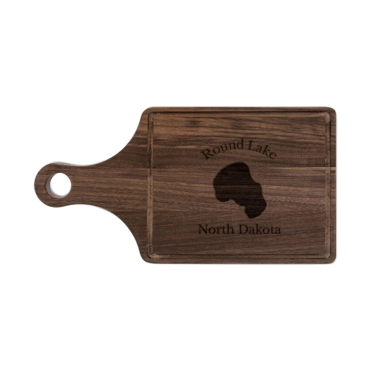 North Dakota Round Lake Engraved Cutting Board front position view from front walnut.webp