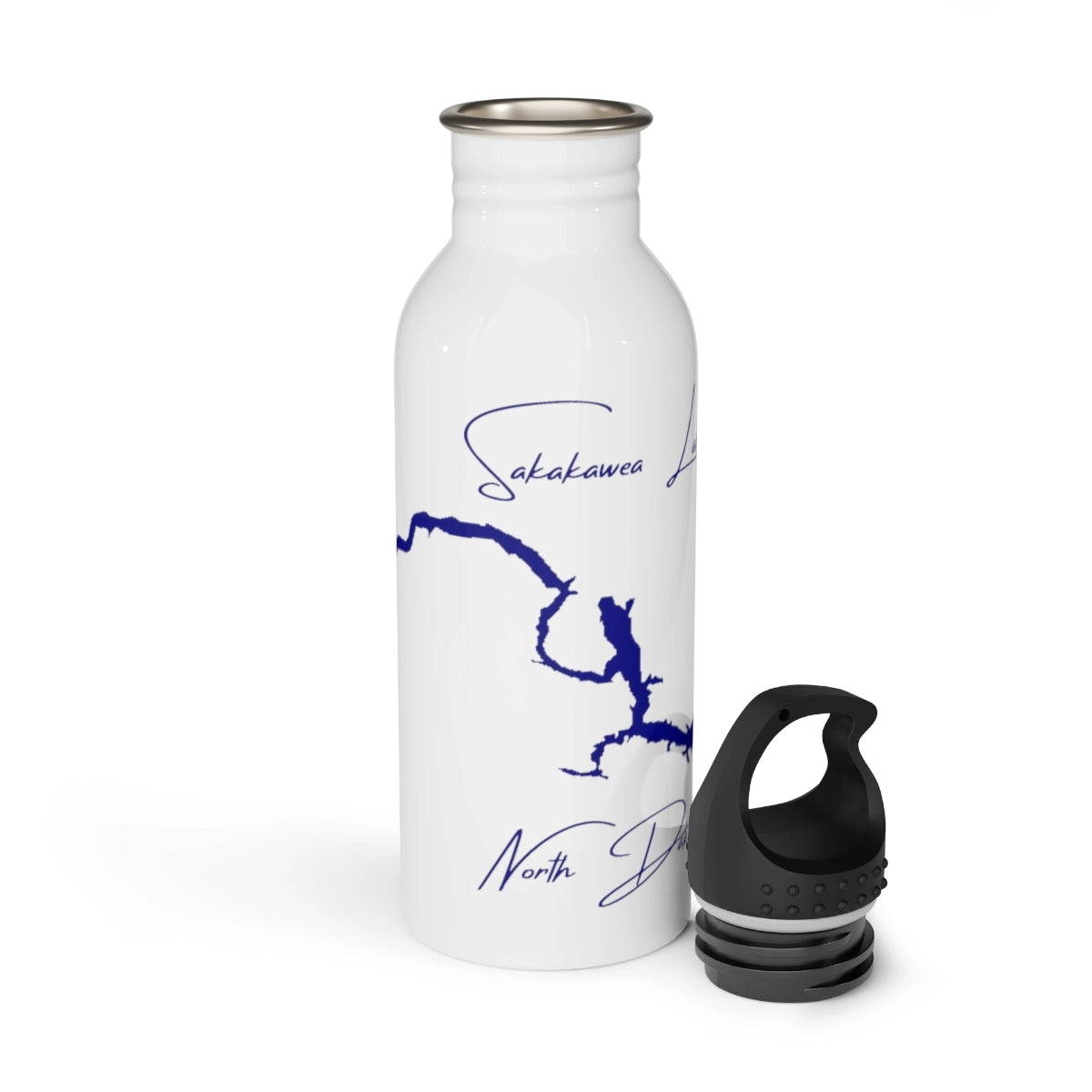 North Dakota Sakakawea Lake Water bottle other position view from open white.webp