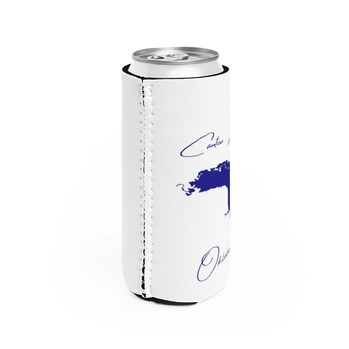 Oklahoma Canton Lake Slim Can Koozie all position view from right white.webp