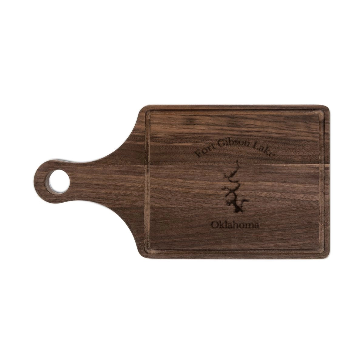 Oklahoma Fort Gibson Lake Engraved Cutting Board front position view from front walnut.webp
