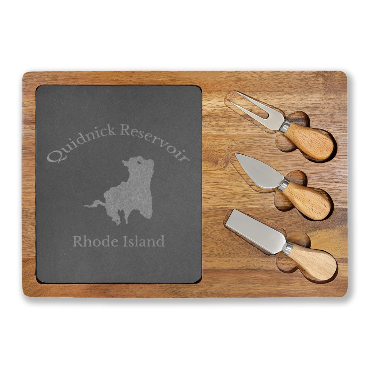 Rhode Island Quidnick Reservoir Engraved Charcuterie Board other position view from front 13 3 4 x 9 3 4.webp