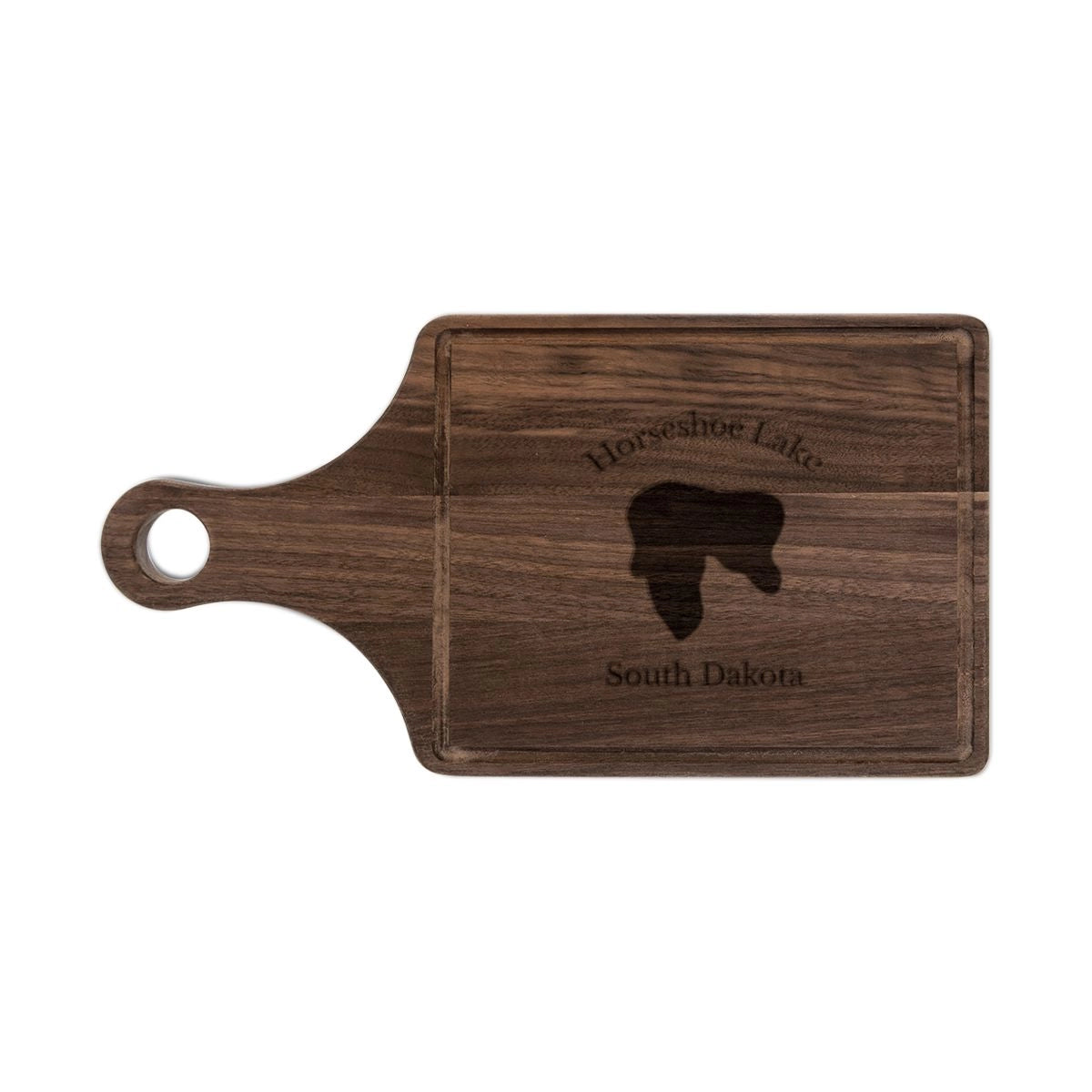 South Dakota Horseshoe Lake Engraved Cutting Board front position view from front walnut.webp