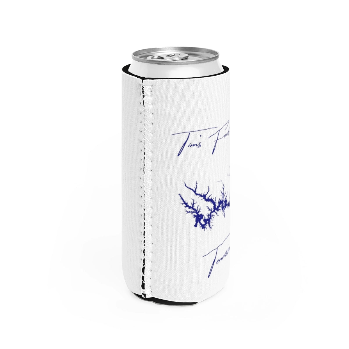 Tennessee Tim's Ford Lake Slim Can Koozie all position view from right white.webp