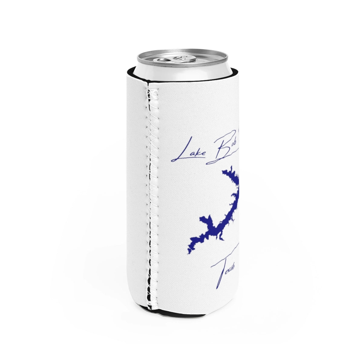 Texas Lake Bob Sandlin Slim Can Koozie all position view from right white.webp
