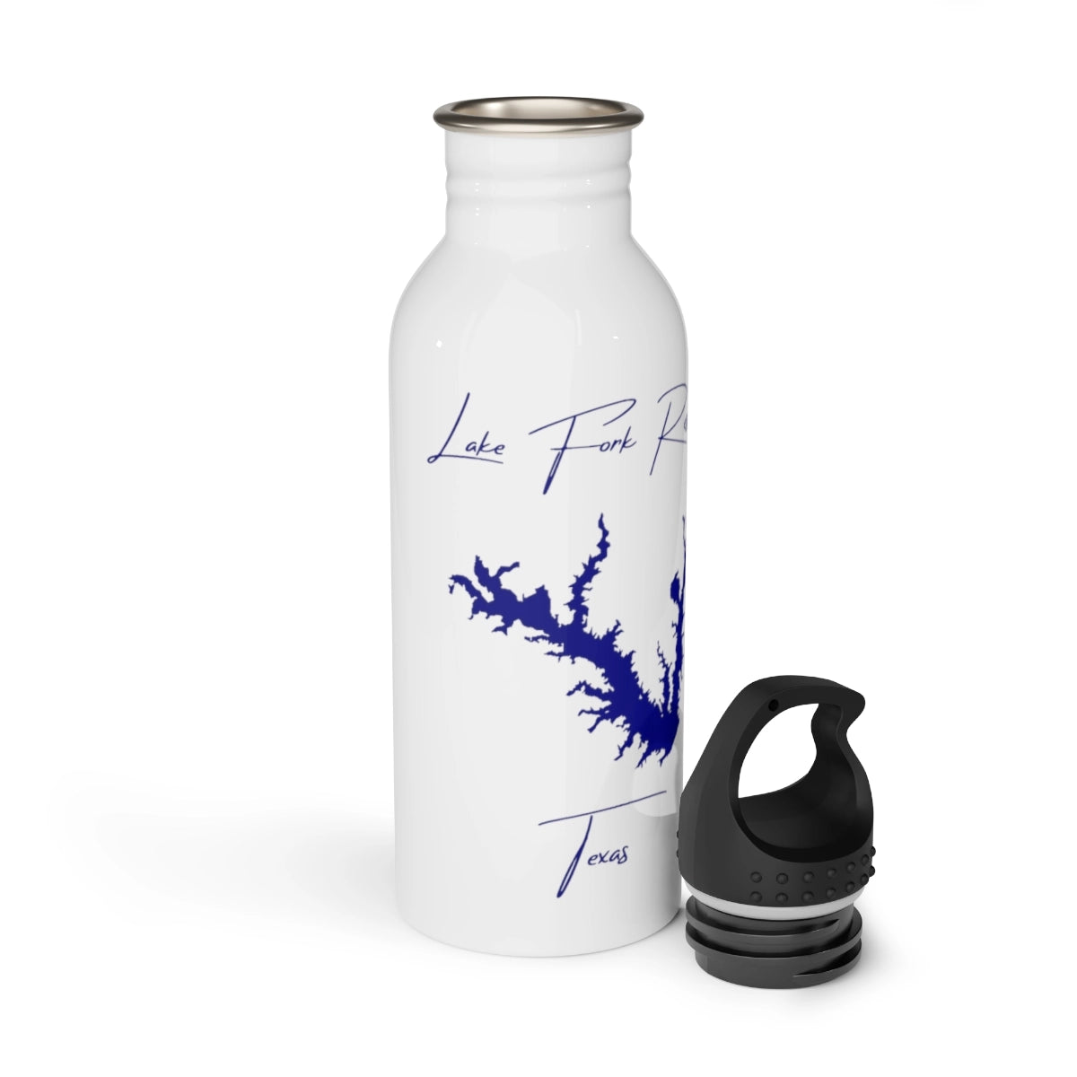 Texas Lake Fork Reservoir Water bottle other position view from open white.webp
