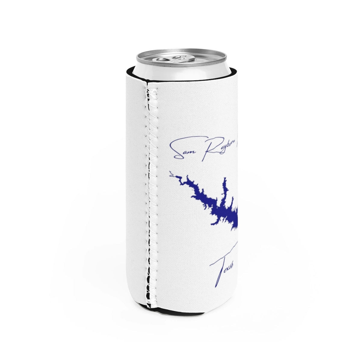 Texas Sam Rayburn Reservoir Slim Can Koozie all position view from right white.webp