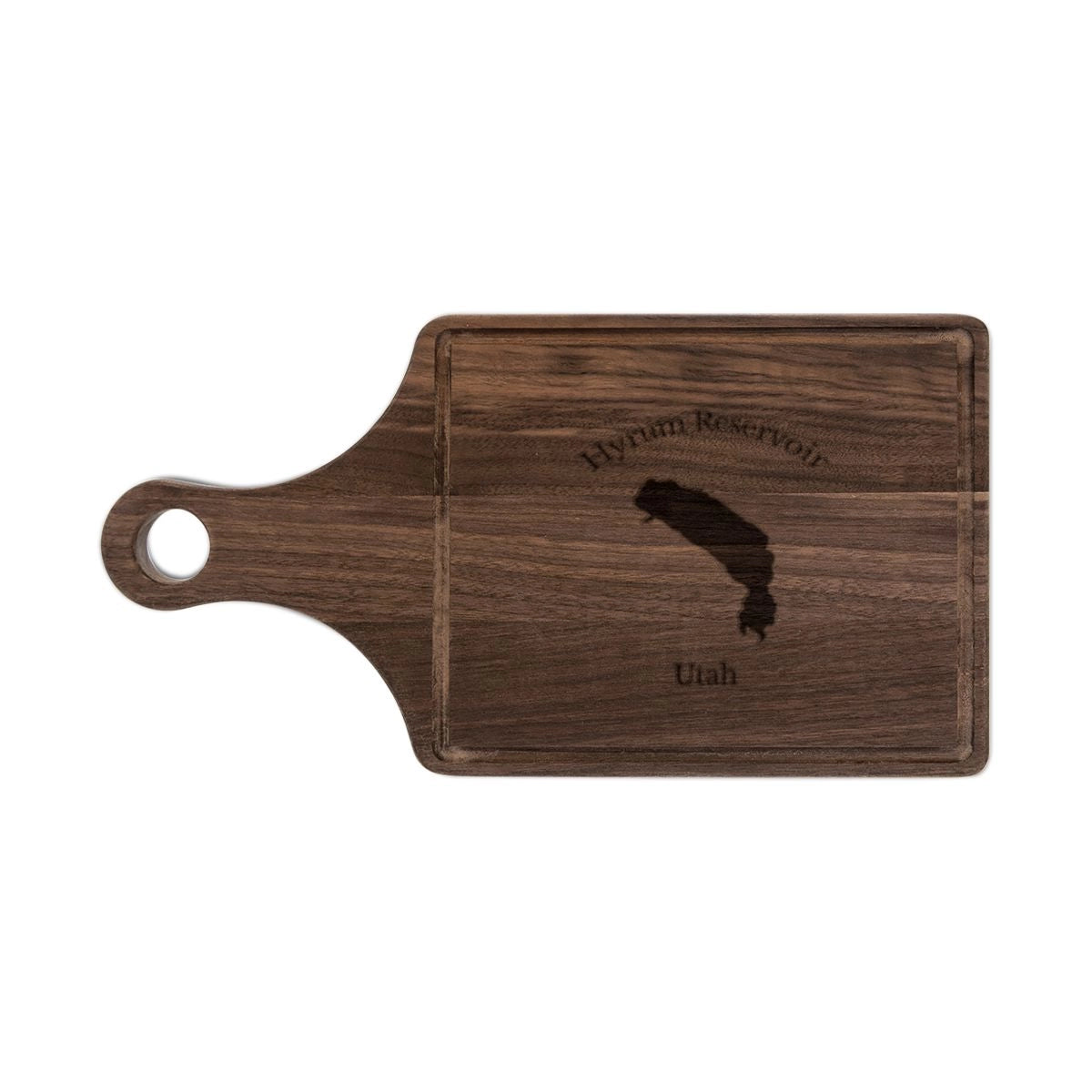 Utah Hyrum Reservoir Engraved Cutting Board front position view from front walnut.webp
