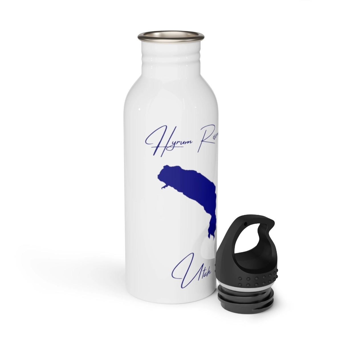 Utah Hyrum Reservoir Water bottle other position view from open white.webp