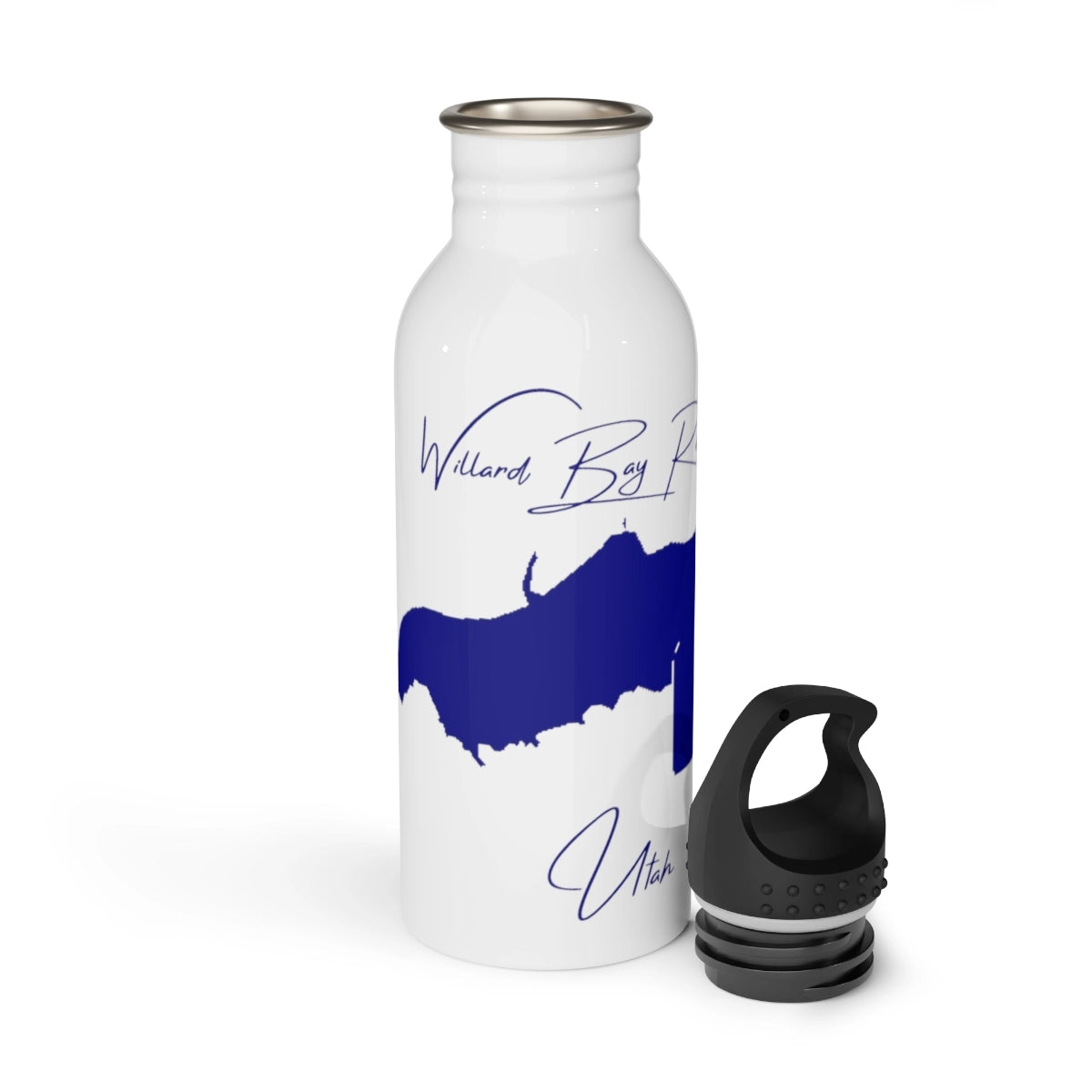 Utah Willard Bay Reservoir Water bottle other position view from open white.webp