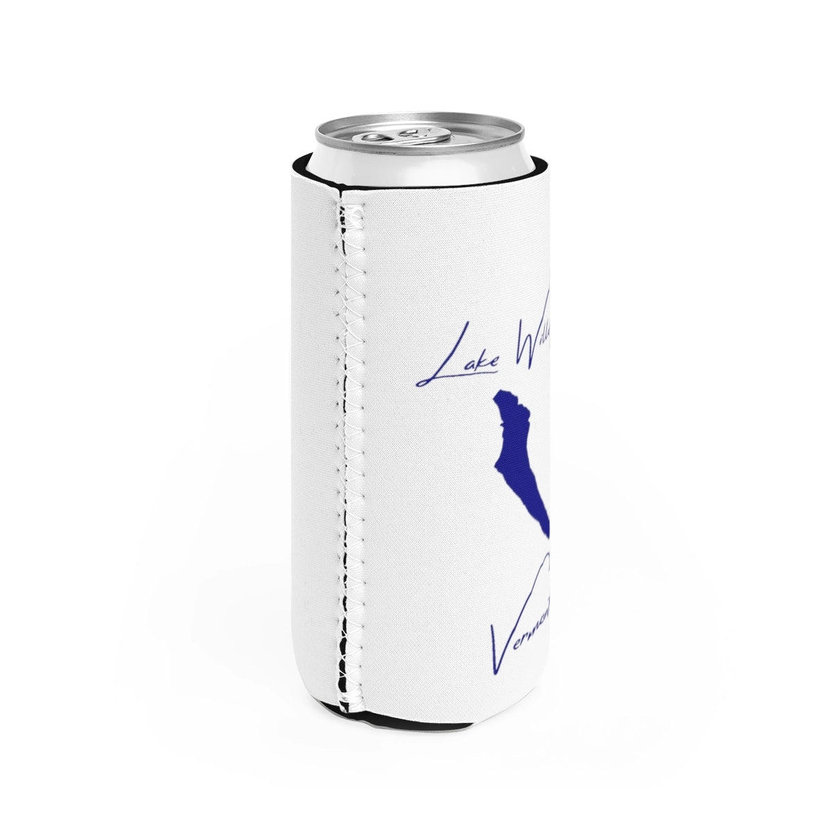 Vermont Lake Willoughby Slim Can Koozie all position view from right white.webp