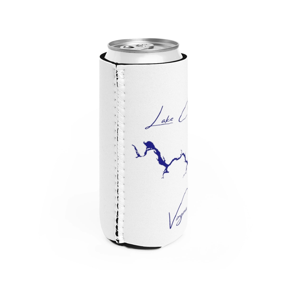Virginia Lake Chesdin Slim Can Koozie all position view from right white.webp